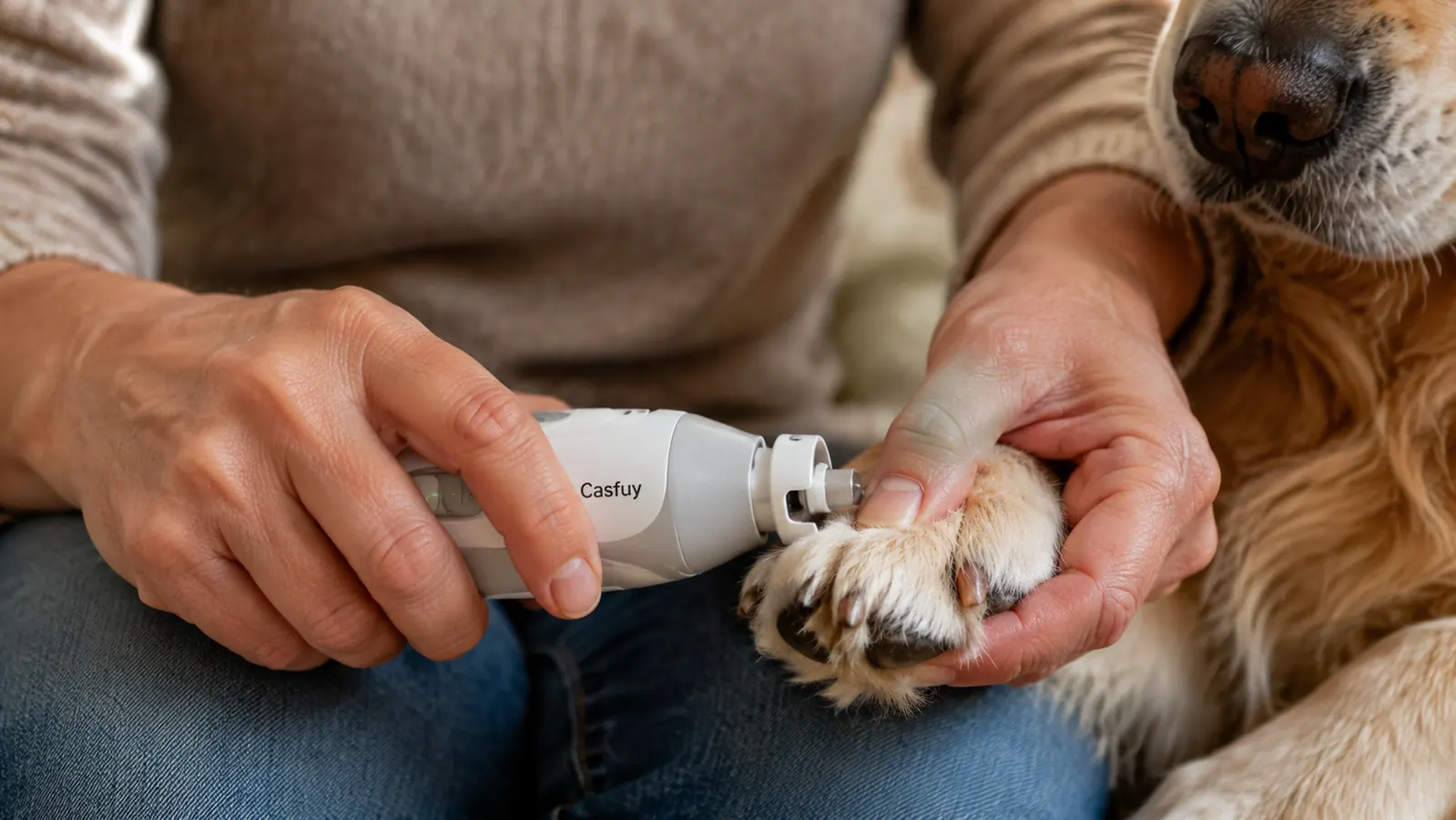 Close-up of the Casfuy nail grinder being held against a dog's nail, showing the grinding port and the dog's relaxed paw