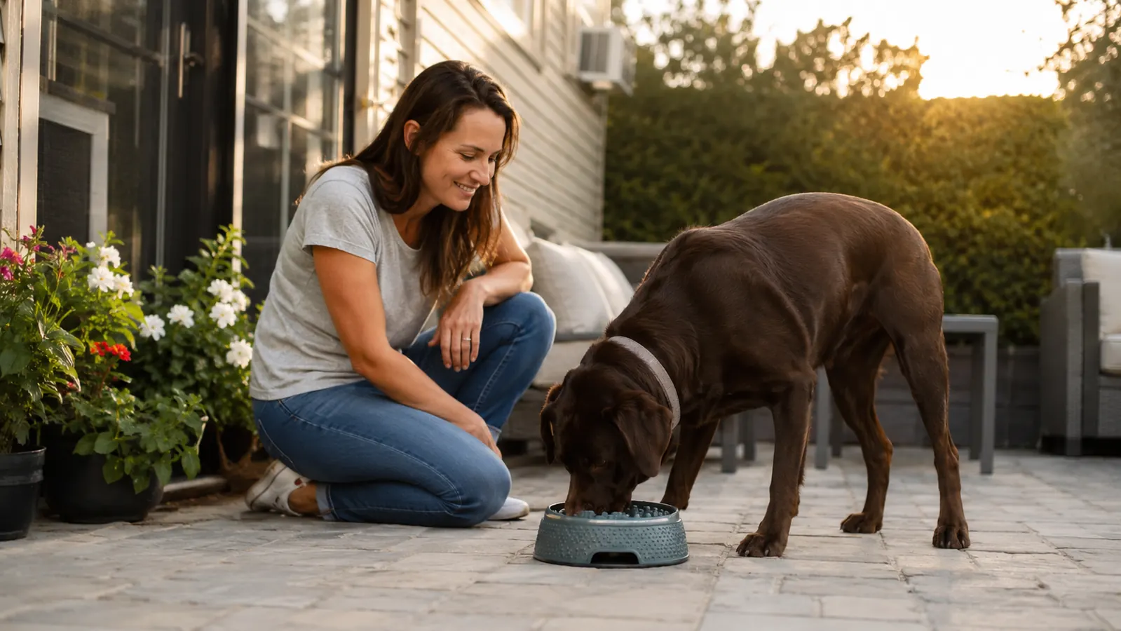 Dog owner kneeling beside a Lab mix who is eating calmly from a puzzle-style slow feeder bowl