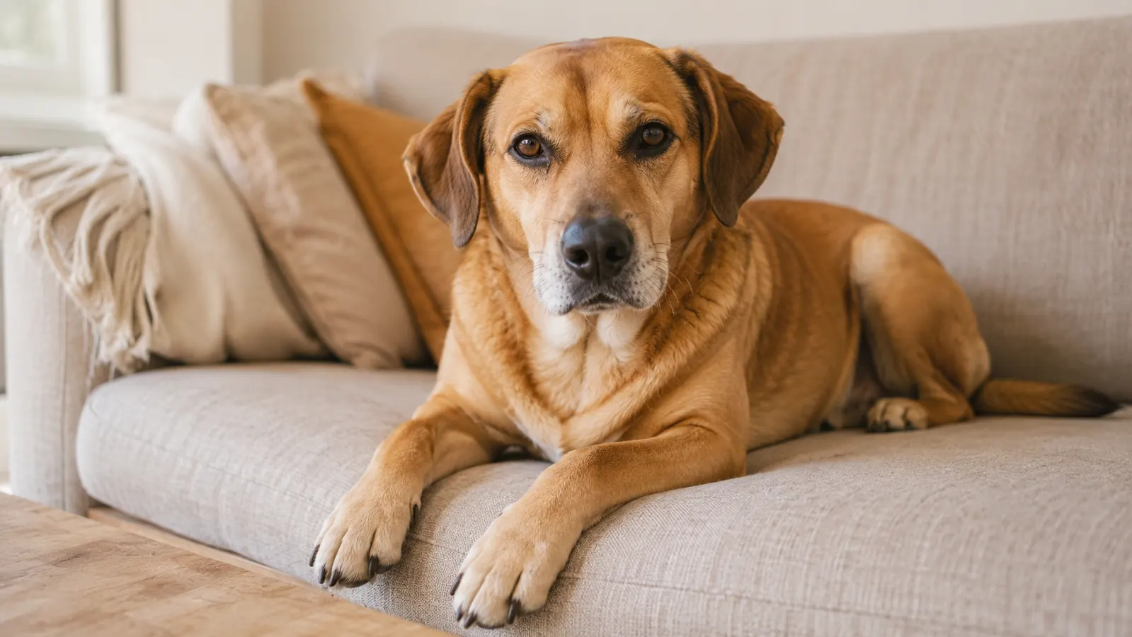 Happy dog resting on a couch with smooth, well-maintained nails visible on outstretched paw