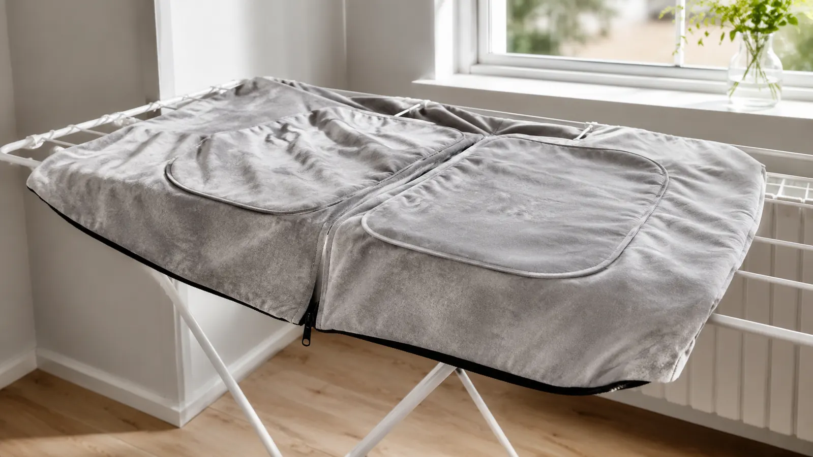 Freshly washed dog bed cover laid flat to air dry on a drying rack