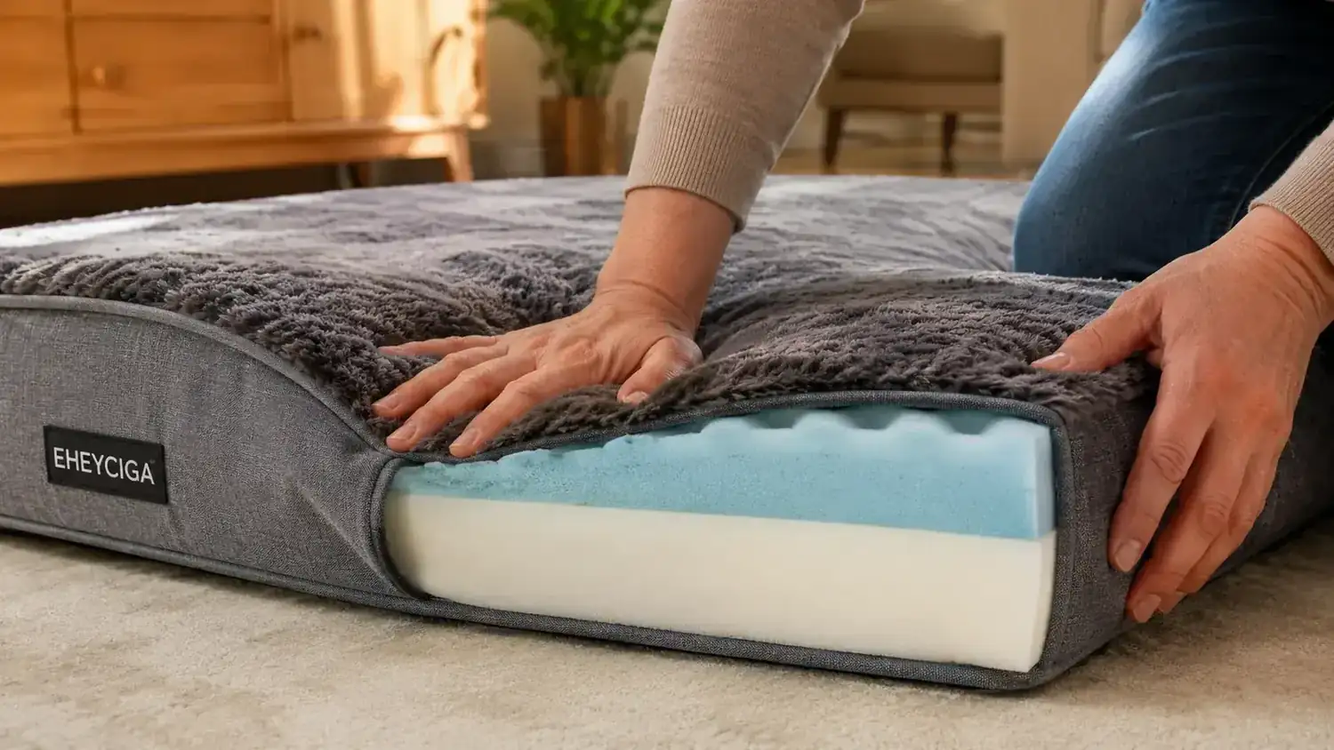 Close-up of a hand pressing down on the EHEYCIGA orthopedic memory foam dog bed showing the foam compression and recovery