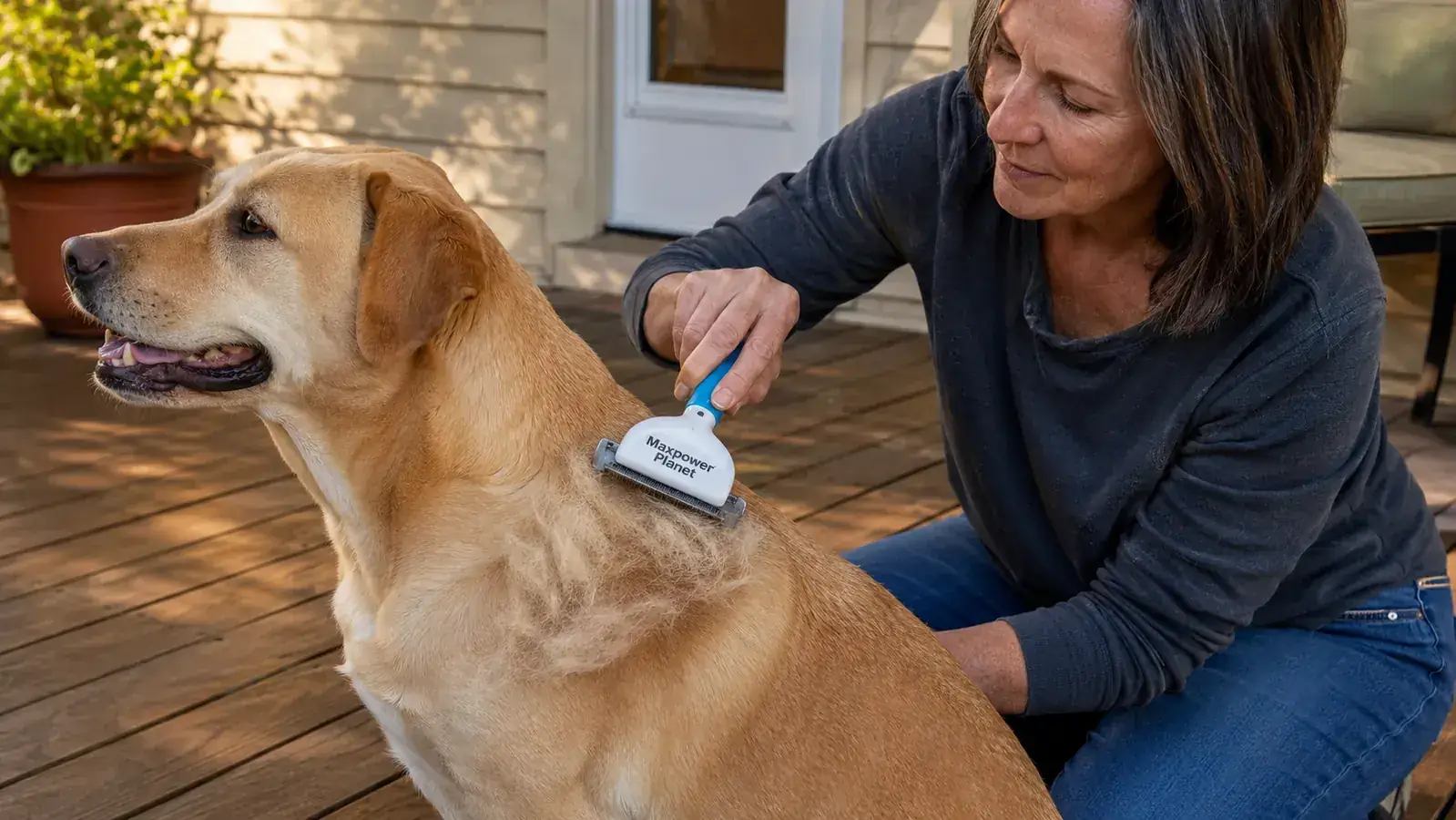 Person using a double-sided grooming rake on a Lab mix outdoors on a porch