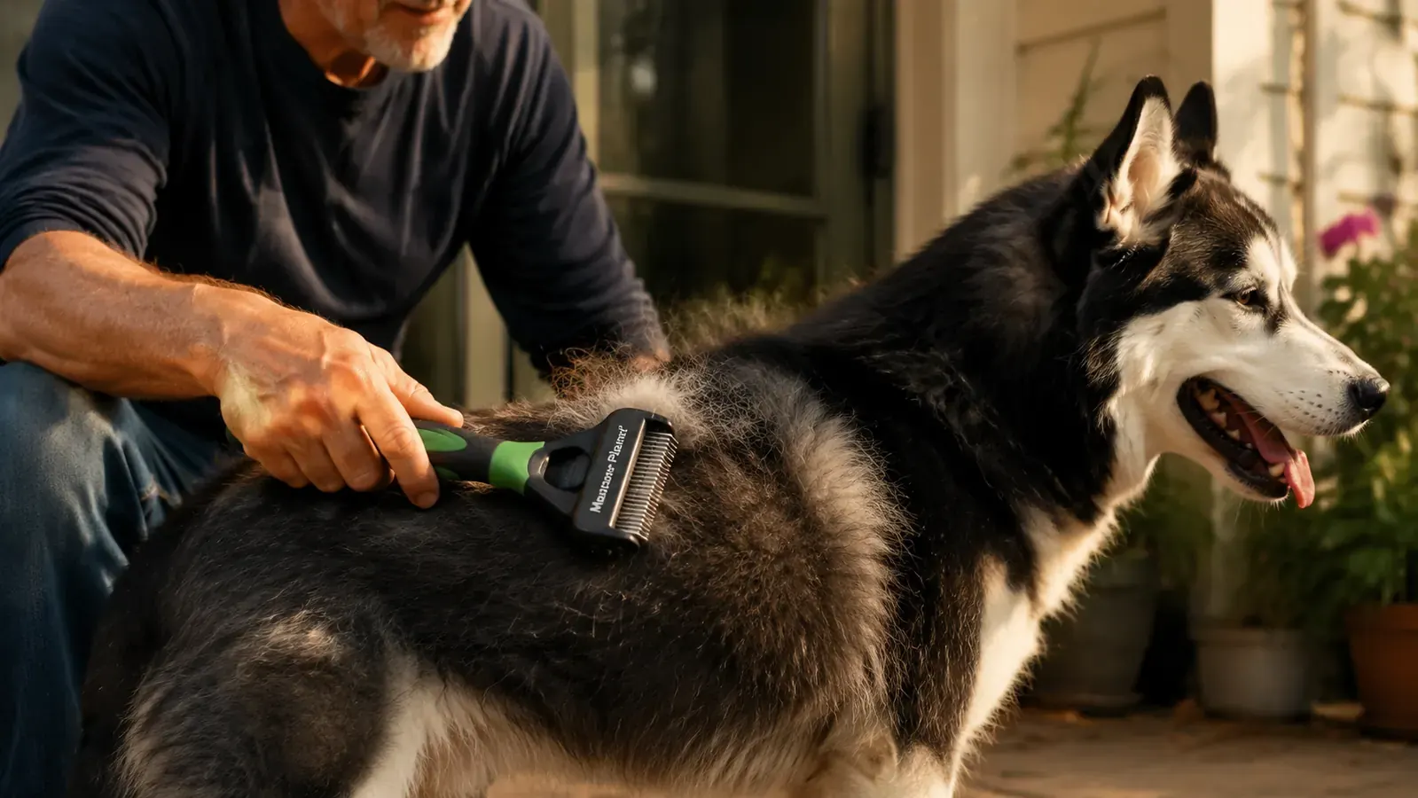 Hand holding the Maxpower Planet rake against a thick-coated Husky's back, showing the rake teeth parting the fur