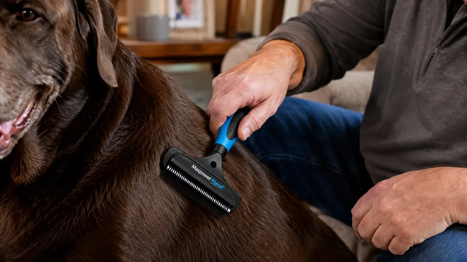 Dog owner using gentle short strokes with the Maxpower rake on a short-coated Lab mix, demonstrating light-pressure technique