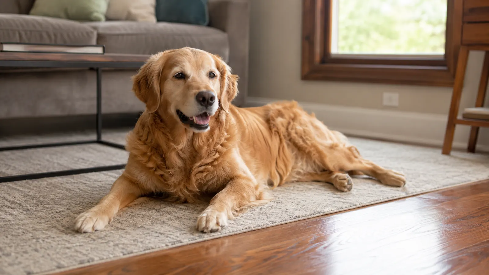 A golden retriever lying on a clean living room rug with noticeably less pet fur on the surrounding couch and floor