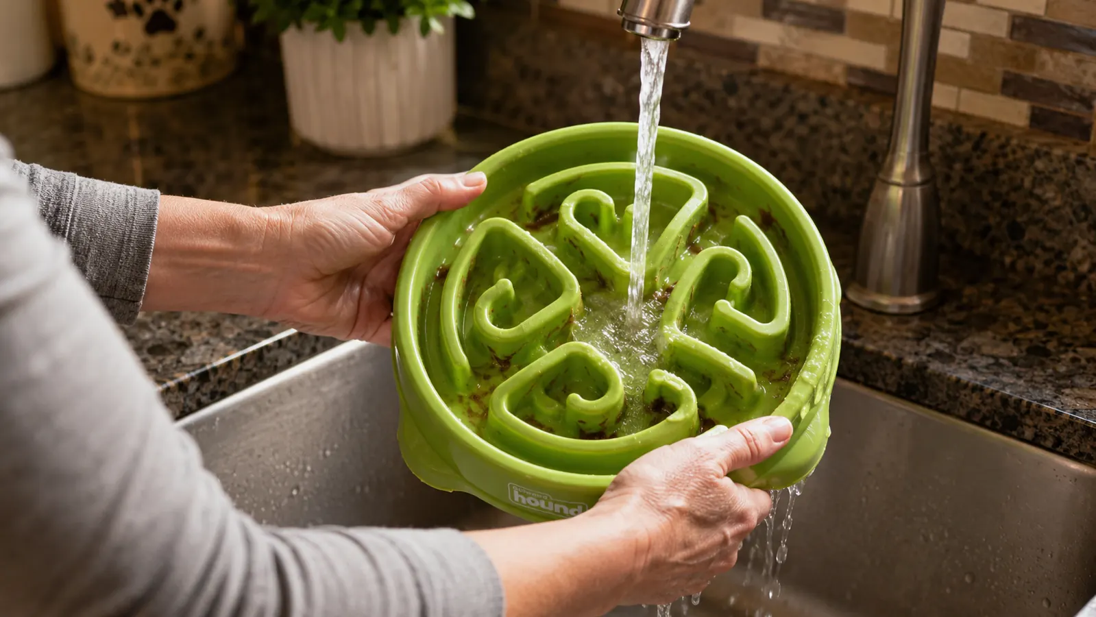 Hand rinsing a green slow feeder bowl under kitchen faucet, food residue visible in the grooves