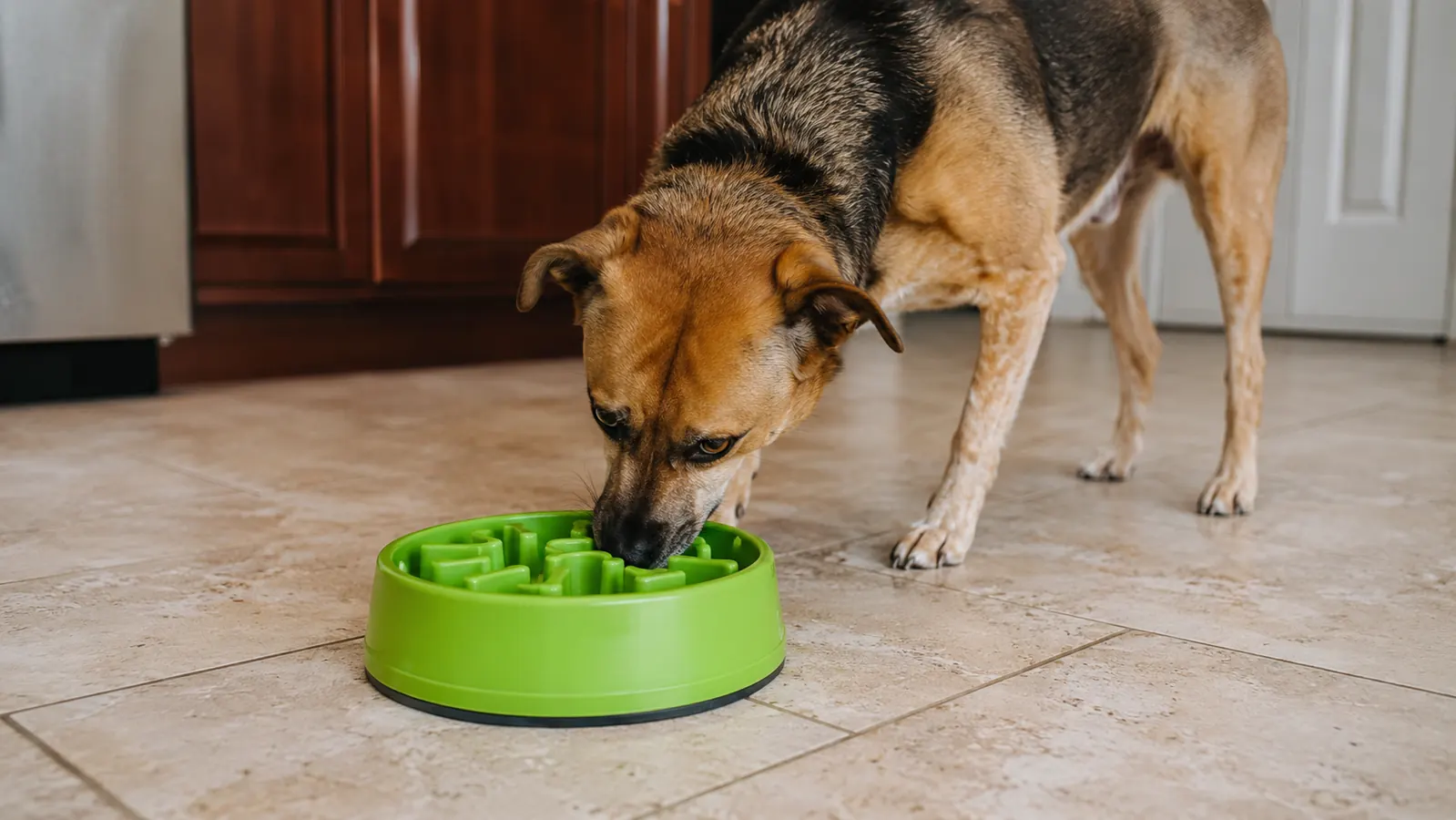 Small dog nudging an empty slow feeder bowl across the kitchen floor